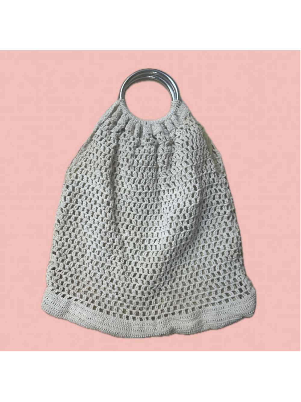Vintage Crochet Tote Bag Metal Ring Handles Silk Lined Vacation Boho